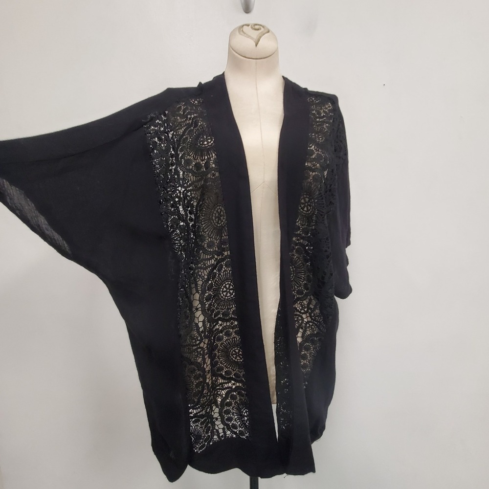 Forever 21 Womens Sheer Crochet Short Sleeve Open Front Top Size M/L Black Boho